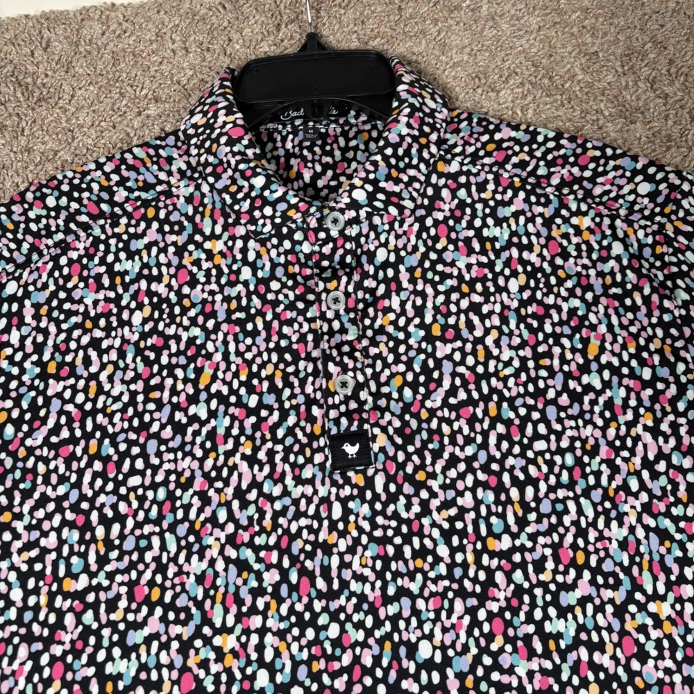 Bad Birdie Mens M Golf Polo Shirt Black Multicolor Confetti Print Stretch